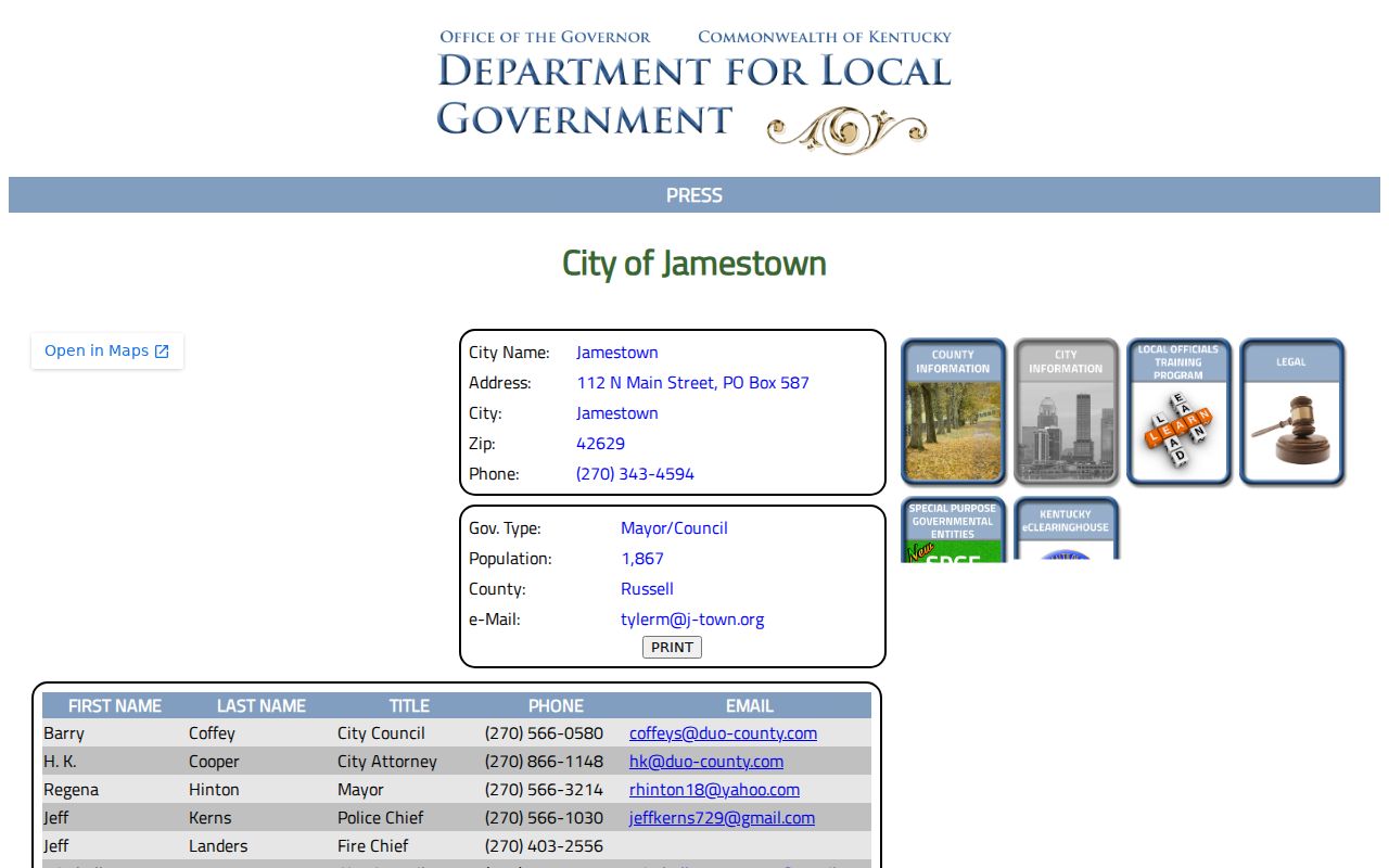Kentucky government directory for Jamestown officials and police contact