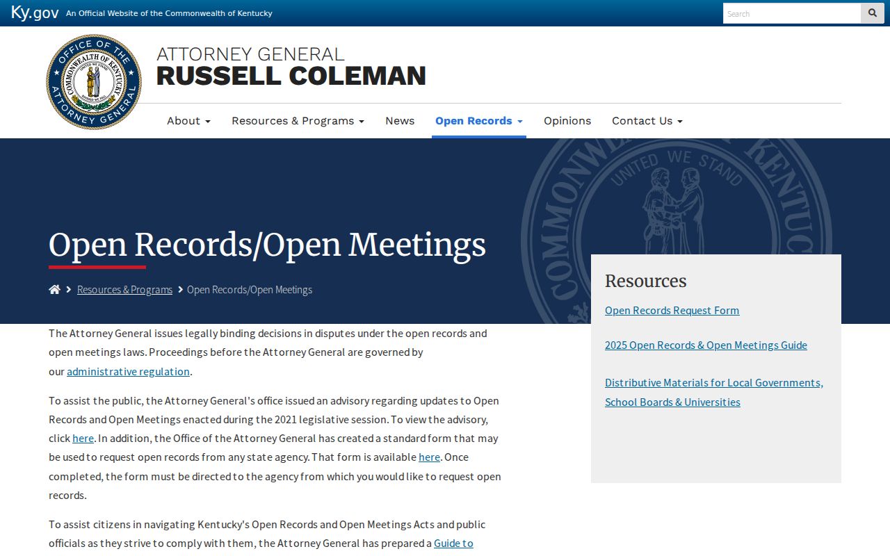 Russell County criminal records Kentucky Open Records Act guidance